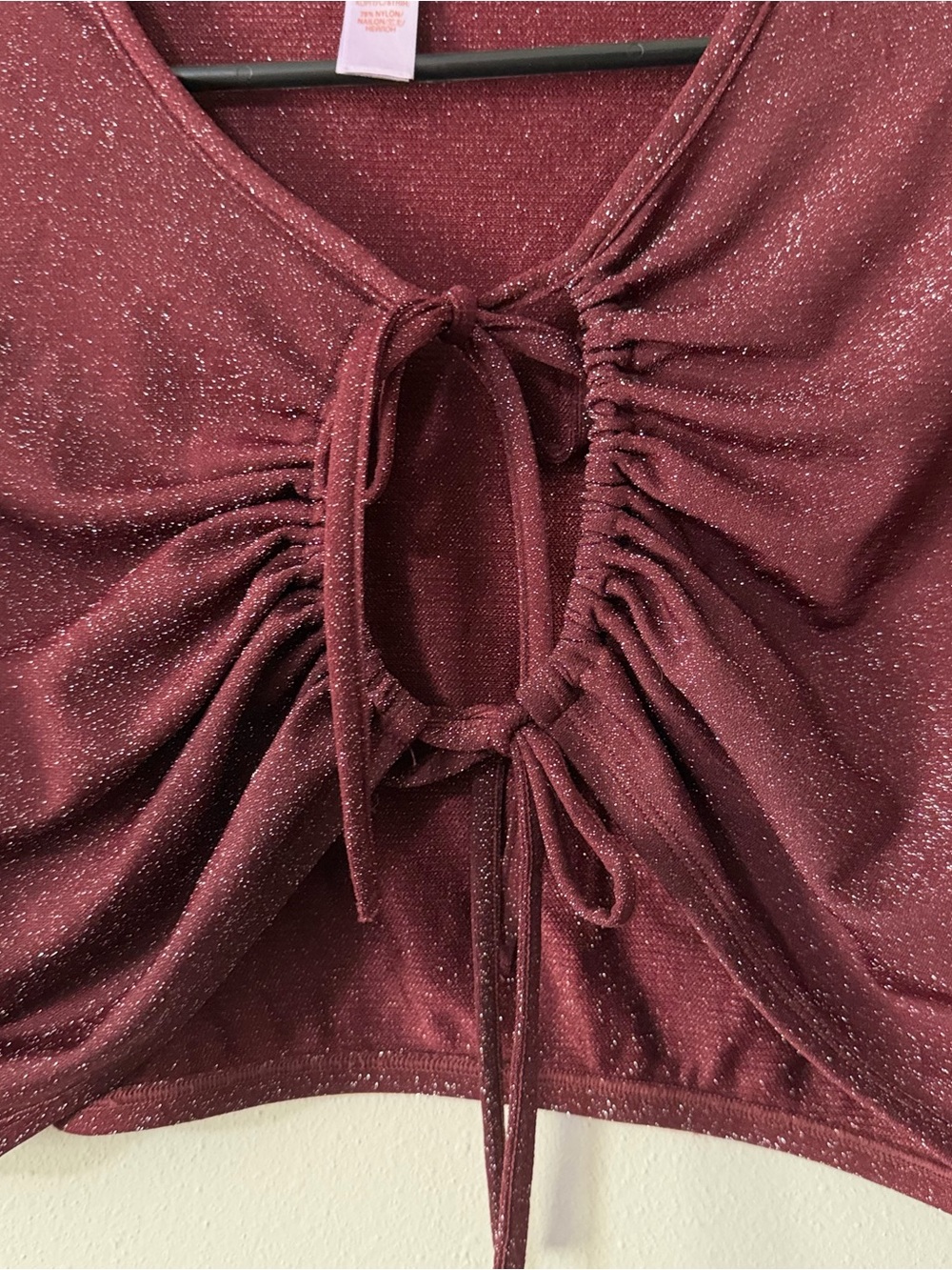 Savage X Fenty Burgundy Metallic Shimmer Tie Front Crop Top Long Sleeve Size L - Picture 4 of 5
